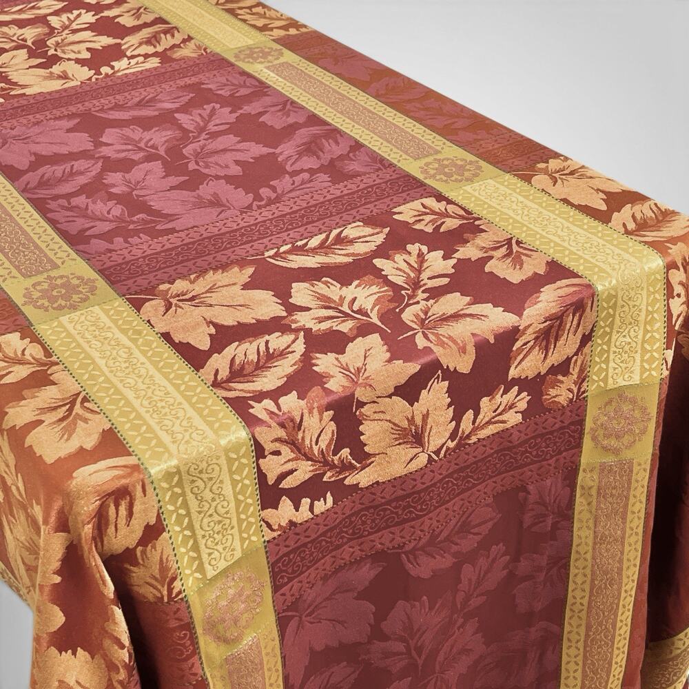 Autumn Leaves Tablecloth Woven Jacquard 98x58 Oblong Gold Red Harvest Season